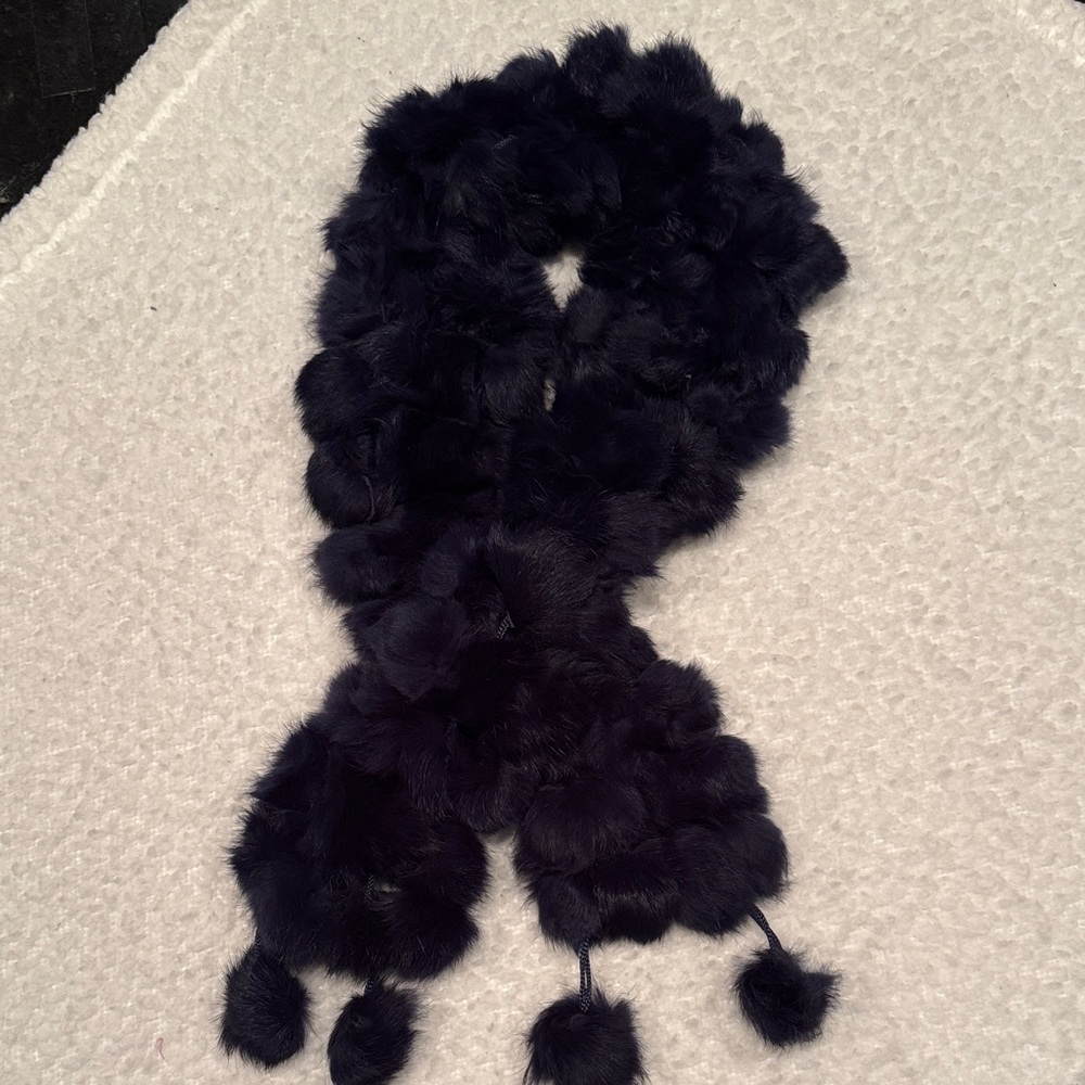 Elegant Navy Blue Fur Scarf with 4 Pom Poms